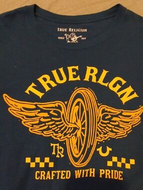 True Religion Navy Tee with Yellow Winged Wheel Graphic